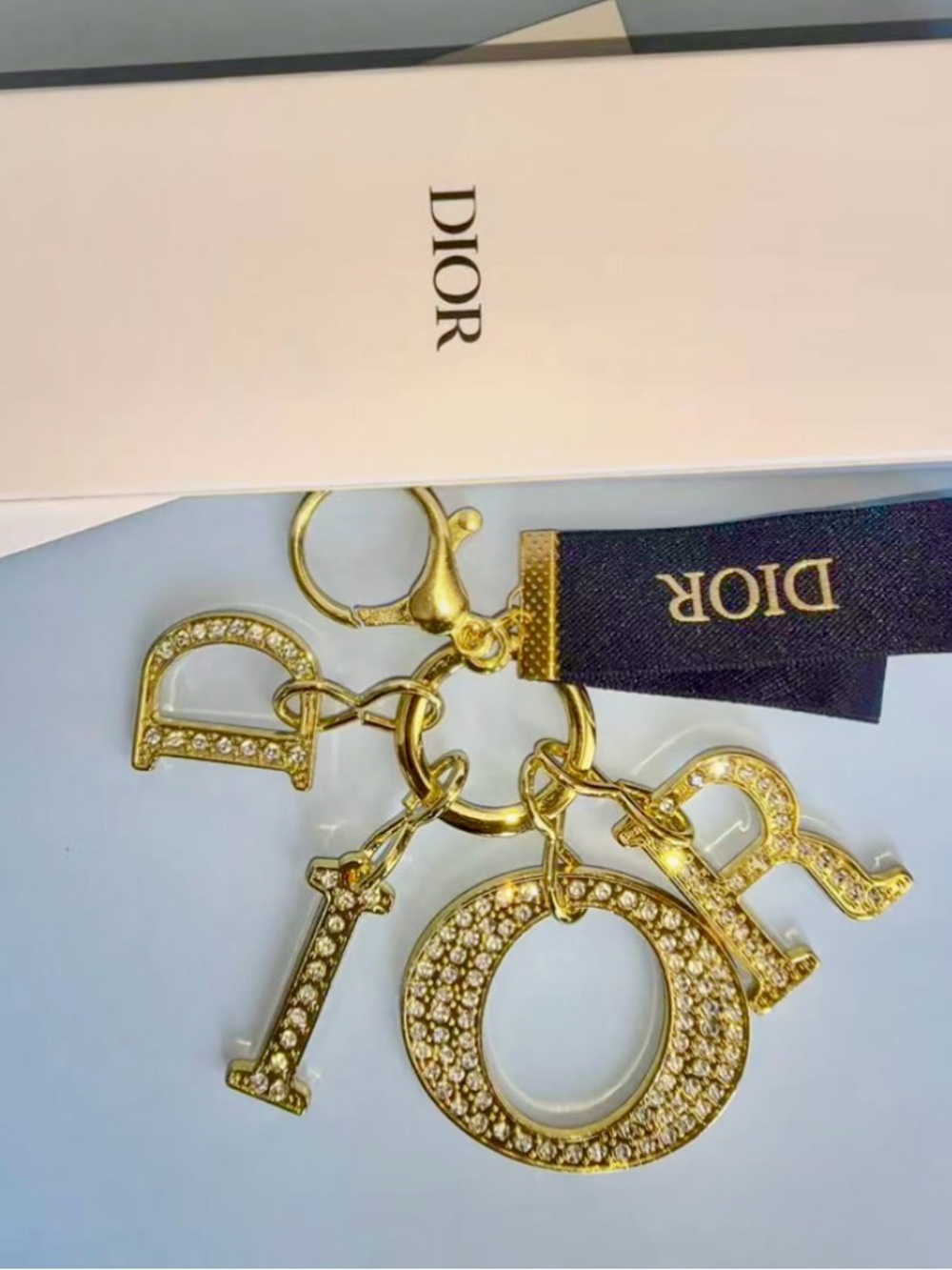 DIOR Gold Rhinestone-Studded Bag  Charm Key Holder with Navy Ribbon GWP NWB - Picture 6 of 11